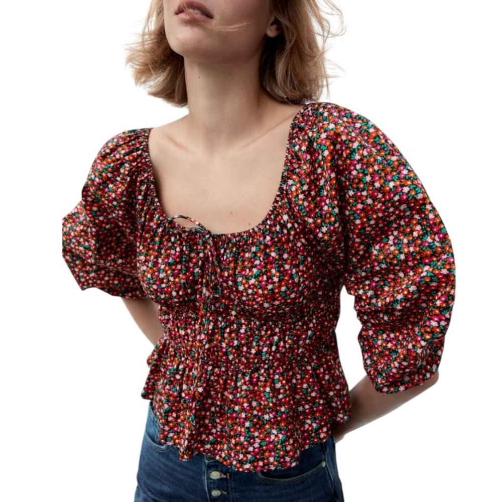 Zara Black Floral Tie Front Puff Sleeve Poplin Peplum Crop Top - S